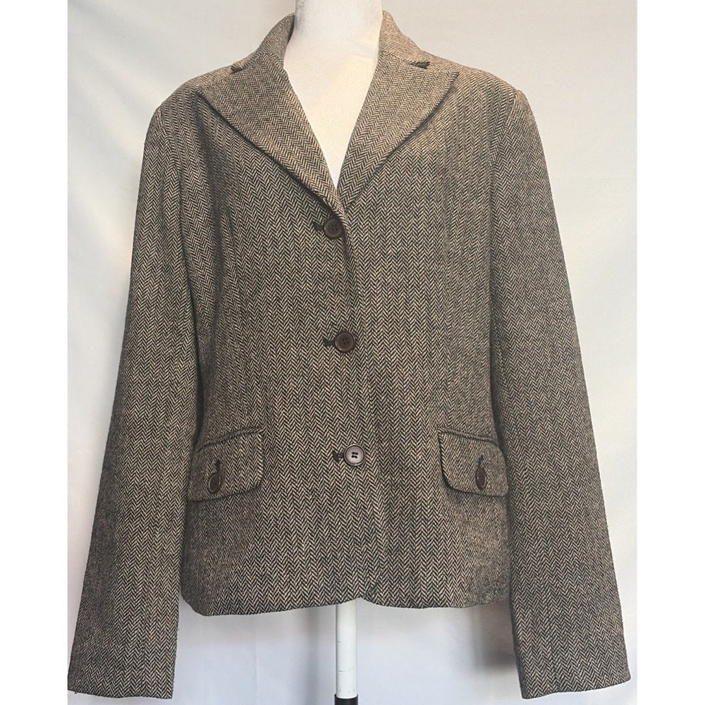 Anne Klein Tweed Blazer Womens Size 12 Wool Blend Brown-Black Herringbone Pocket